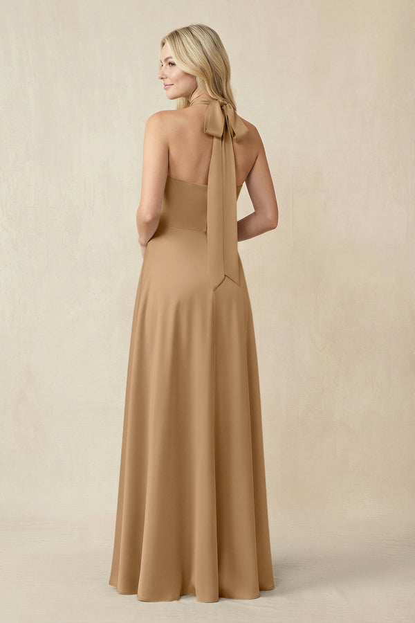 Halter Neck Satin A - Line Bridesmaid Gown with Bow in Bronzer - SHE IS ME Bridesmaid Dresses