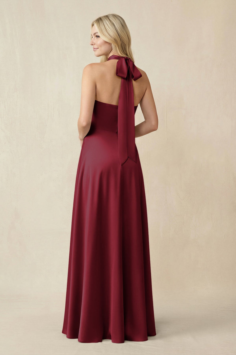 Halter Neck Satin A - Line Bridesmaid Gown with Bow in Burgundy - KISS BRIDAL Bridesmaid Dresses