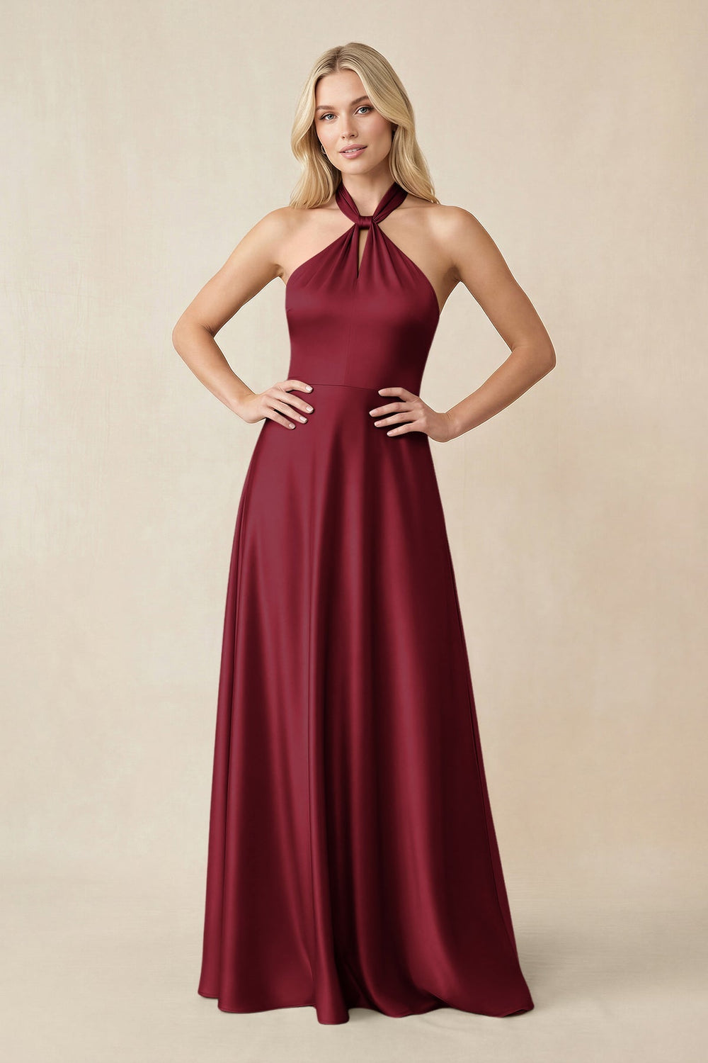 Halter Neck Satin A - Line Bridesmaid Gown with Bow in Burgundy - KISS BRIDAL Bridesmaid Dresses