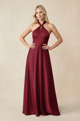 Halter Neck Satin A - Line Bridesmaid Gown with Bow in Burgundy - KISS BRIDAL Bridesmaid Dresses