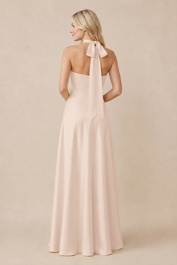 Halter Neck Satin A-Line Bridesmaid Gown with Bow in Buttercream (2) | KISSBRIDAL