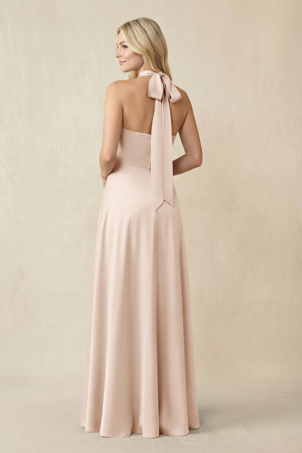 Halter Neck Satin A - Line Bridesmaid Gown with Bow in Buttercream - KISS BRIDAL Bridesmaid Dresses