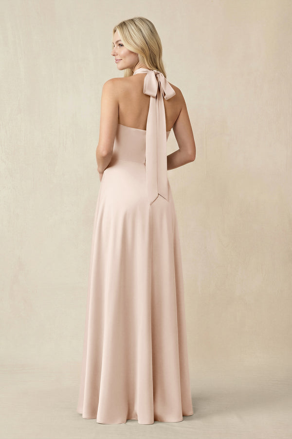 Halter Neck Satin A - Line Bridesmaid Gown with Bow in Buttercream - KISS BRIDAL Bridesmaid Dresses