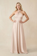 Halter Neck Satin A - Line Bridesmaid Gown with Bow in Buttercream - KISS BRIDAL Bridesmaid Dresses