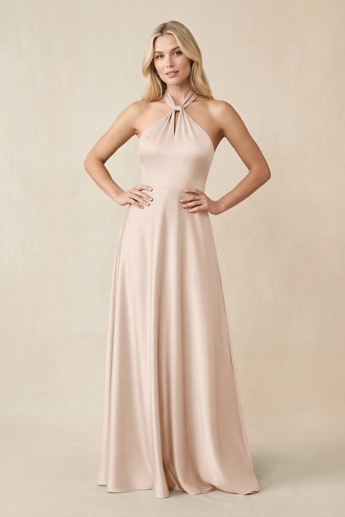 Halter Neck Satin A - Line Bridesmaid Gown with Bow in Buttercream - KISS BRIDAL Bridesmaid Dresses