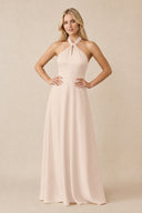 Halter Neck Satin A-Line Bridesmaid Gown with Bow in Buttercream | KISSBRIDAL