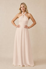 Halter Neck Satin A-Line Bridesmaid Gown with Bow in Buttercream | KISSBRIDAL