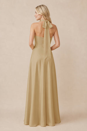 Halter Neck Satin A-Line Bridesmaid Gown with Bow in Champagne (2) | KISSBRIDAL