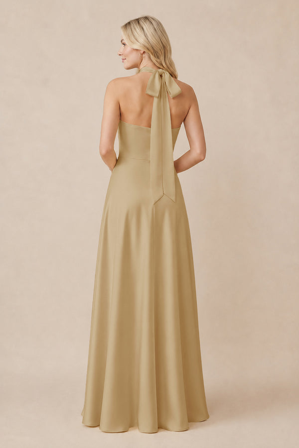 Halter Neck Satin A-Line Bridesmaid Gown with Bow in Champagne (2) | KISSBRIDAL