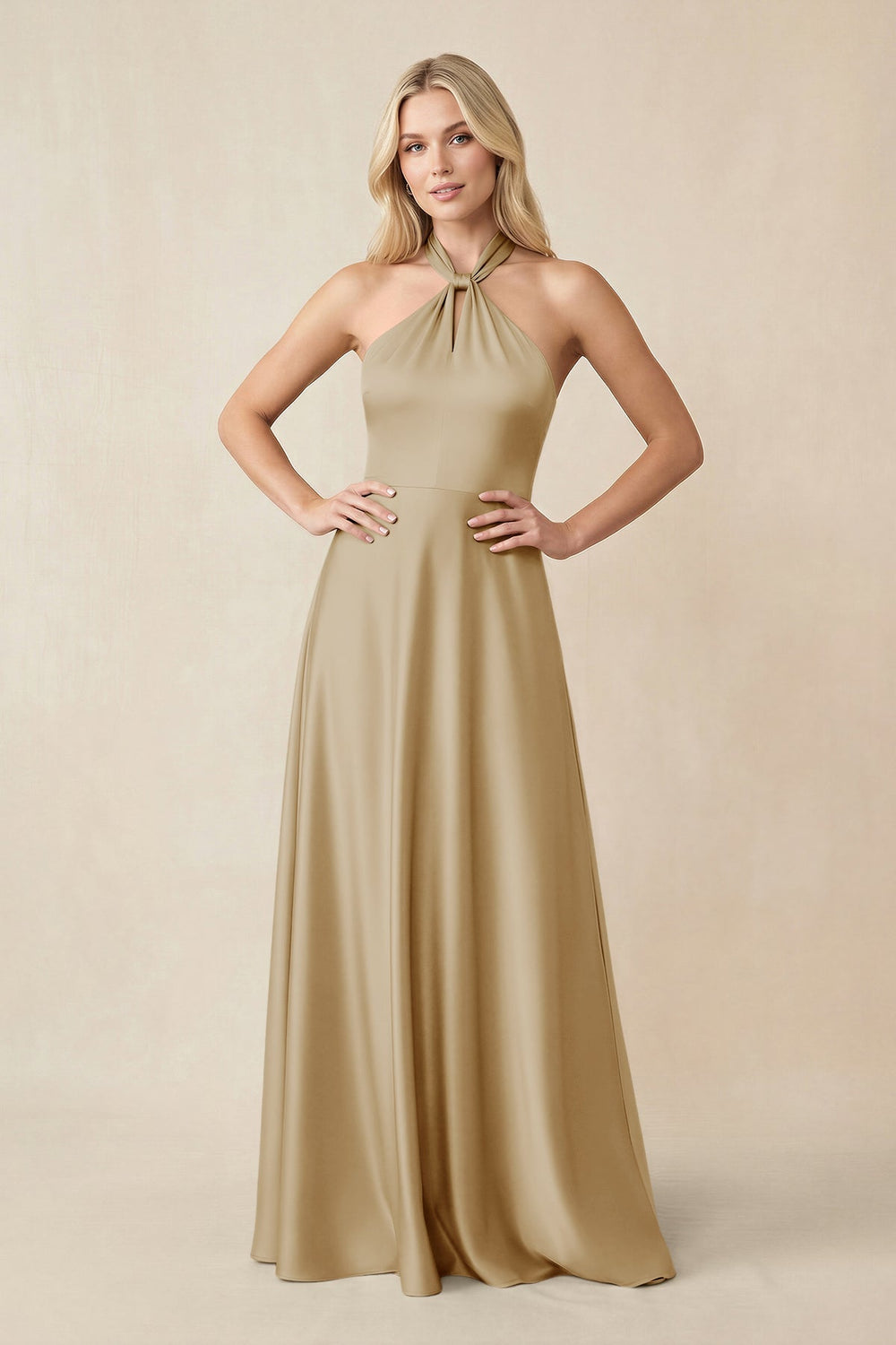 Halter Neck Satin A - Line Bridesmaid Gown with Bow in Champagne - KISS BRIDAL Bridesmaid Dresses