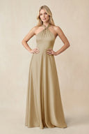 Halter Neck Satin A - Line Bridesmaid Gown with Bow in Champagne - KISS BRIDAL Bridesmaid Dresses