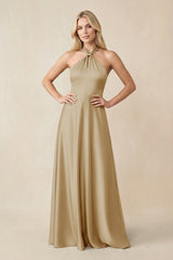 Halter Neck Satin A - Line Bridesmaid Gown with Bow in Champagne - KISS BRIDAL Bridesmaid Dresses
