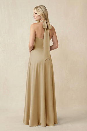 Halter Neck Satin A - Line Bridesmaid Gown with Bow in Champagne - KISS BRIDAL Bridesmaid Dresses