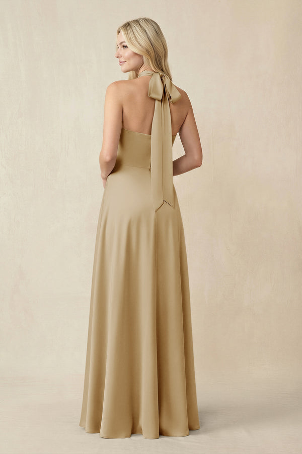 Halter Neck Satin A - Line Bridesmaid Gown with Bow in Champagne - KISS BRIDAL Bridesmaid Dresses