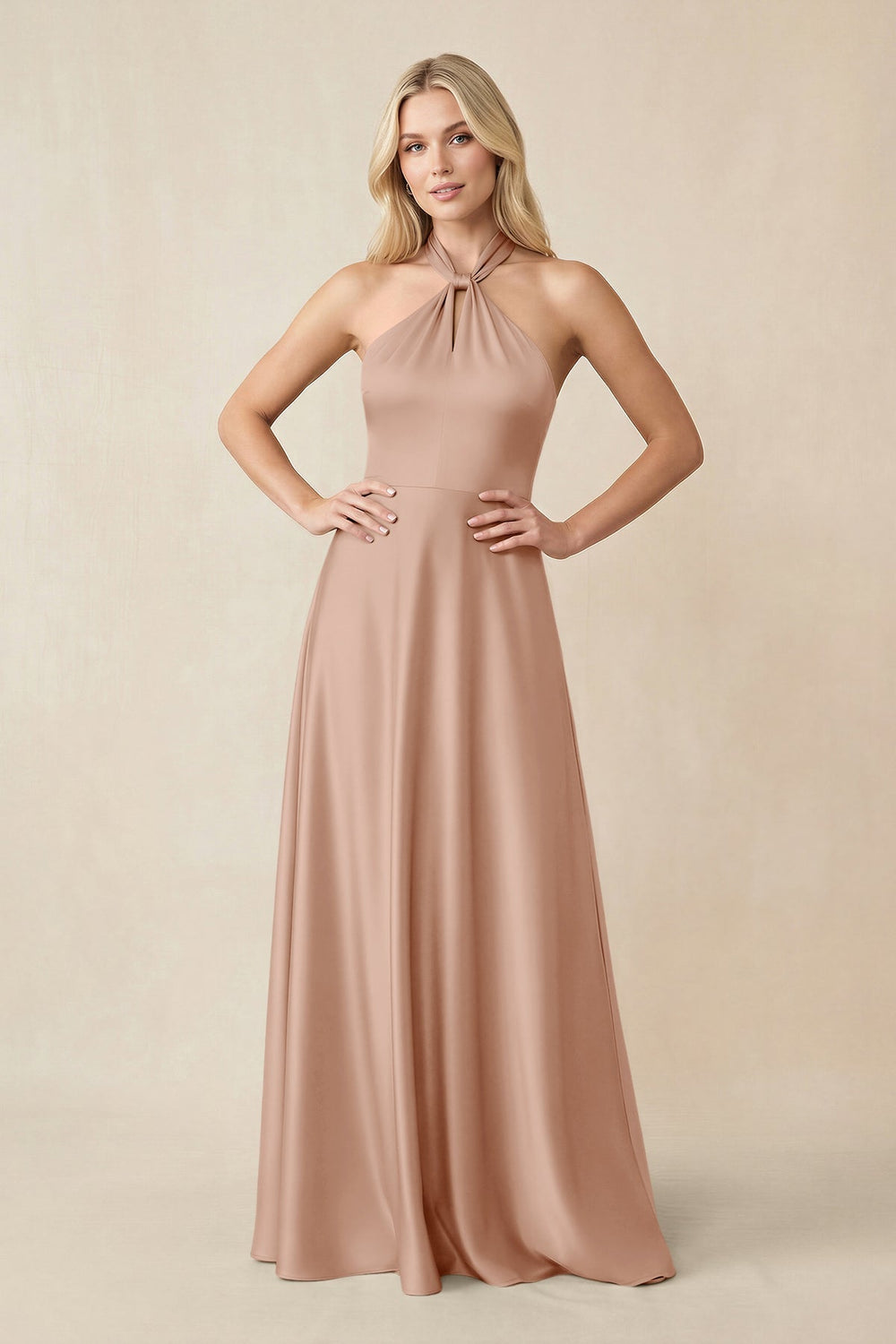 Halter Neck Satin A - Line Bridesmaid Gown with Bow in Champagne Rose - KISS BRIDAL Bridesmaid Dresses