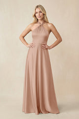 Halter Neck Satin A - Line Bridesmaid Gown with Bow in Champagne Rose - KISS BRIDAL Bridesmaid Dresses