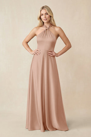 Halter Neck Satin A - Line Bridesmaid Gown with Bow in Champagne Rose - KISS BRIDAL Bridesmaid Dresses