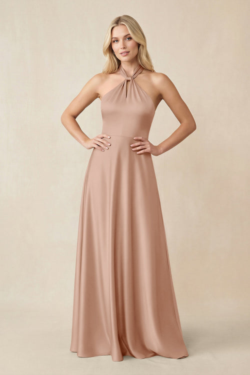 Halter Neck Satin A - Line Bridesmaid Gown with Bow in Champagne Rose - KISS BRIDAL Bridesmaid Dresses