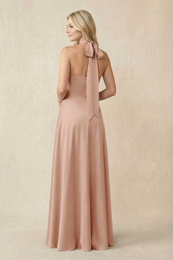 Halter Neck Satin A - Line Bridesmaid Gown with Bow in Champagne Rose - KISS BRIDAL Bridesmaid Dresses