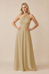 Halter Neck Satin A-Line Bridesmaid Gown with Bow in Champagne | KISSBRIDAL