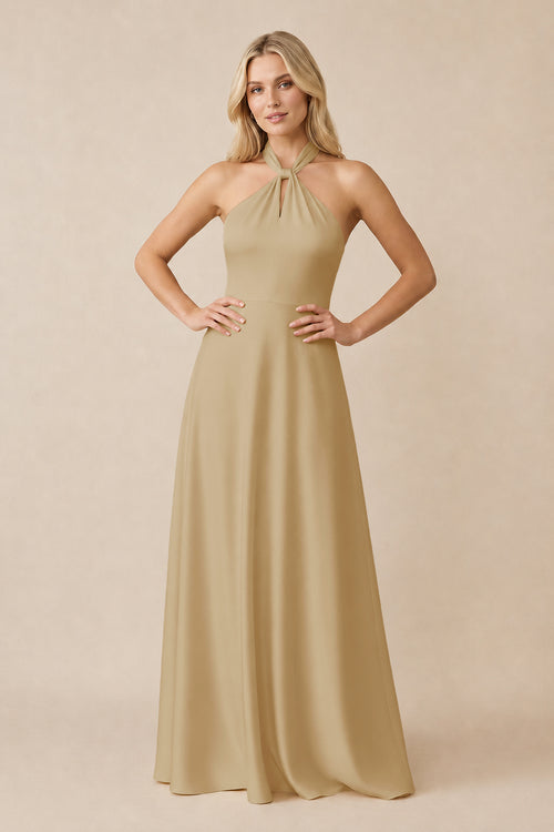 Halter Neck Satin A-Line Bridesmaid Gown with Bow in Champagne | KISSBRIDAL