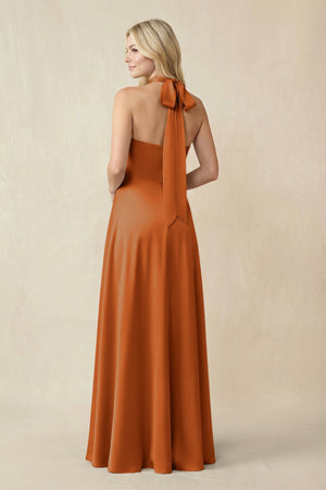 Halter Neck Satin A - Line Bridesmaid Gown with Bow in Cinnamon - SHE IS ME Bridesmaid Dresses