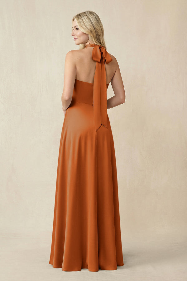 Halter Neck Satin A - Line Bridesmaid Gown with Bow in Cinnamon - SHE IS ME Bridesmaid Dresses