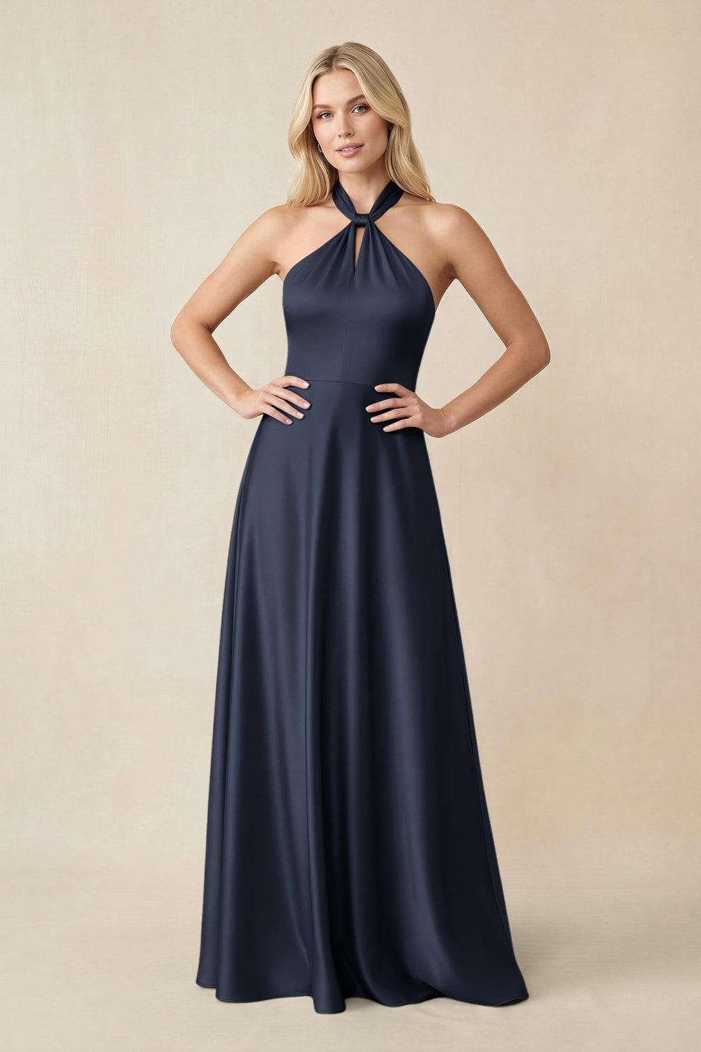 Halter Neck Satin A - Line Bridesmaid Gown with Bow in Dark Navy - KISS BRIDAL Bridesmaid Dresses