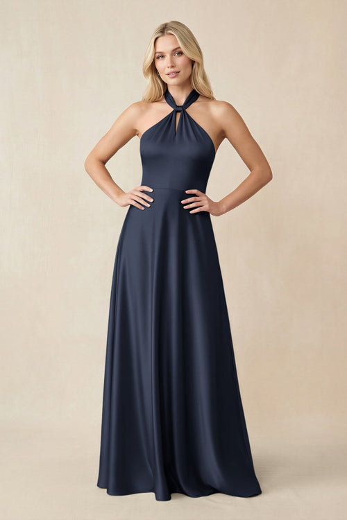 Halter Neck Satin A - Line Bridesmaid Gown with Bow in Dark Navy - KISS BRIDAL Bridesmaid Dresses