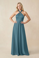 Halter Neck Satin A - Line Bridesmaid Gown with Bow in Dark Teal - KISS BRIDAL Bridesmaid Dresses