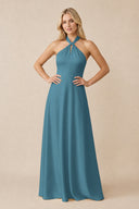 Halter Neck Satin A-Line Bridesmaid Gown with Bow in Dark Teal | KISSBRIDAL