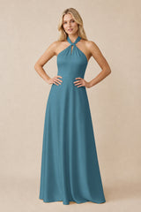 Halter Neck Satin A-Line Bridesmaid Gown with Bow in Dark Teal | KISSBRIDAL