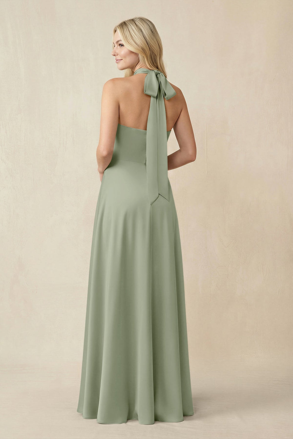 Halter Neck Satin A - Line Bridesmaid Gown with Bow in Dove Gray - KISS BRIDAL Bridesmaid Dresses