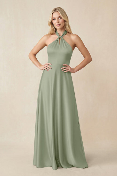 Halter Neck Satin A - Line Bridesmaid Gown with Bow in Dove Gray - KISS BRIDAL Bridesmaid Dresses