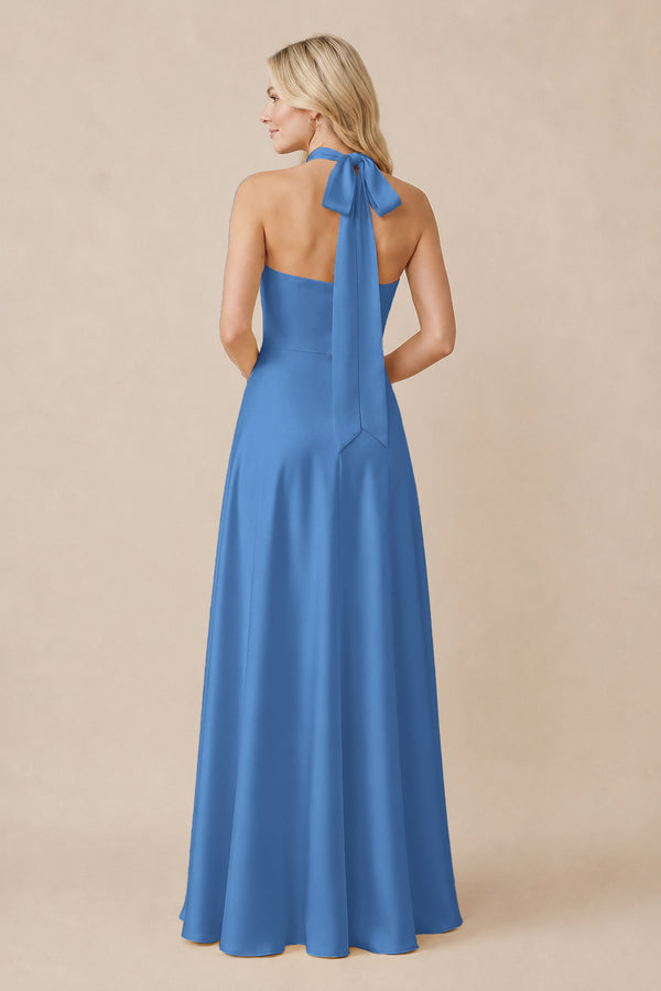 Halter Neck Satin A-Line Bridesmaid Gown with Bow in Dusty Blue (2) | KISSBRIDAL