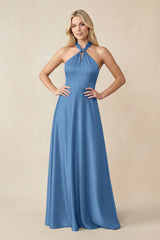 Halter Neck Satin A - Line Bridesmaid Gown with Bow in Dusty Blue - KISS BRIDAL Bridesmaid Dresses