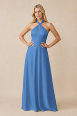 Halter Neck Satin A-Line Bridesmaid Gown with Bow in Dusty Blue | KISSBRIDAL
