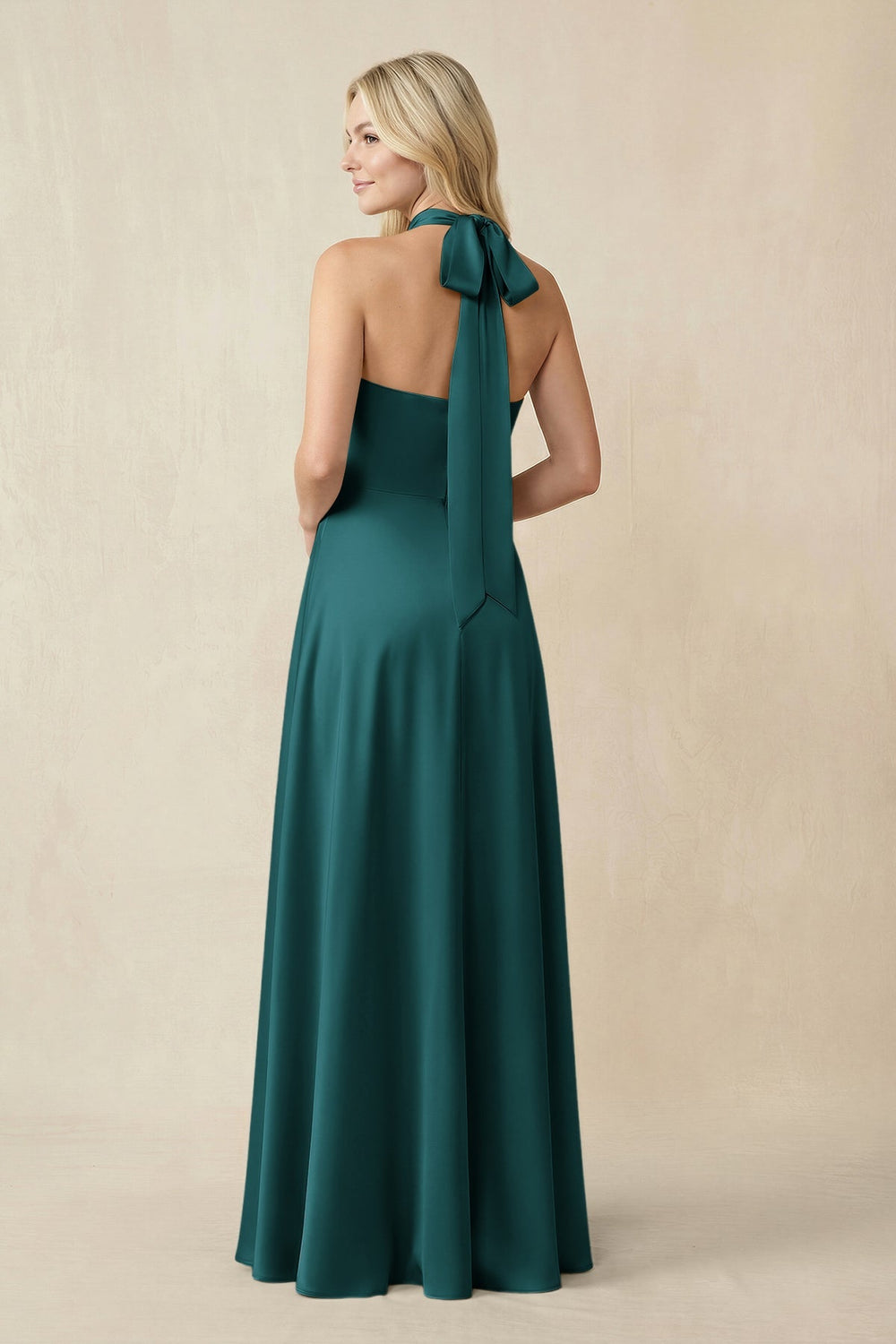 Halter Neck Satin A - Line Bridesmaid Gown with Bow in Emerald - KISS BRIDAL Bridesmaid Dresses