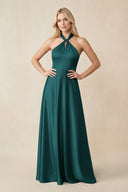 Halter Neck Satin A - Line Bridesmaid Gown with Bow in Emerald - SHE IS ME Bridesmaid Dresses