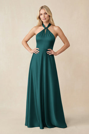 Halter Neck Satin A - Line Bridesmaid Gown with Bow in Emerald - SHE IS ME Bridesmaid Dresses