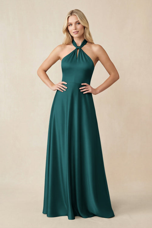 Halter Neck Satin A - Line Bridesmaid Gown with Bow in Emerald - SHE IS ME Bridesmaid Dresses