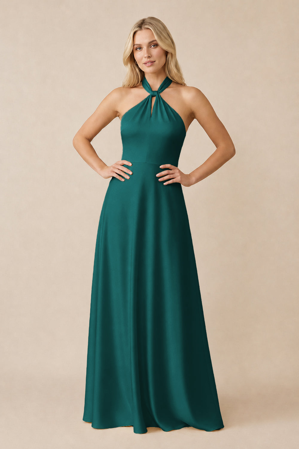Halter Neck Satin A-Line Bridesmaid Gown with Bow in Emerald