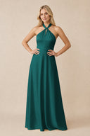 Halter Neck Satin A-Line Bridesmaid Gown with Bow in Emerald | KISSBRIDAL
