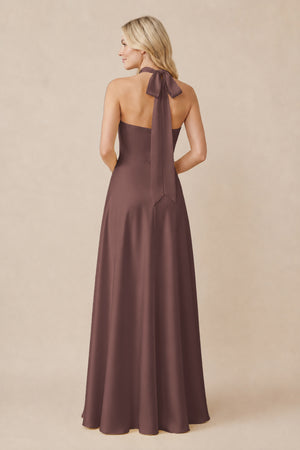 Halter Neck Satin A-Line Bridesmaid Gown with Bow in Espresso (2) | KISSBRIDAL