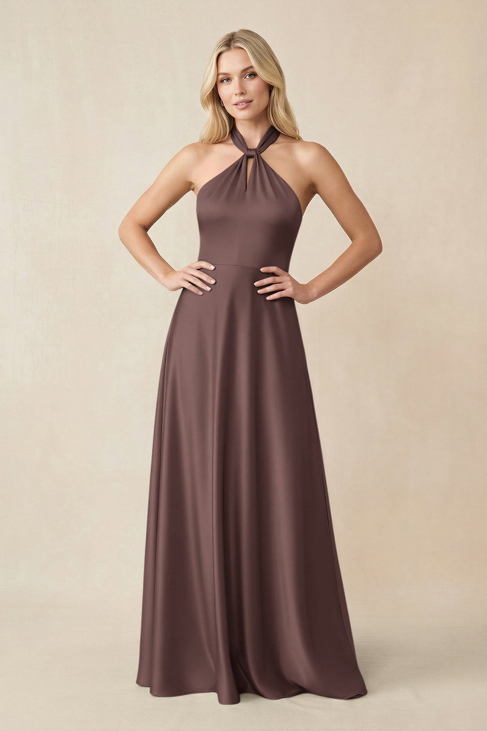 Halter Neck Satin A - Line Bridesmaid Gown with Bow in Espresso - KISS BRIDAL Bridesmaid Dresses