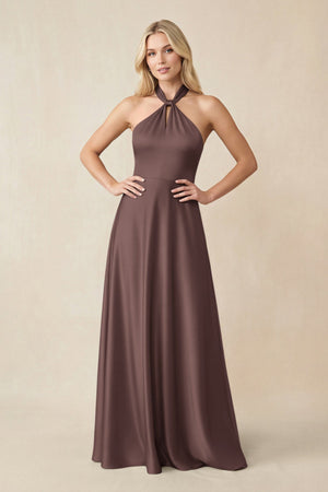 Halter Neck Satin A - Line Bridesmaid Gown with Bow in Espresso - KISS BRIDAL Bridesmaid Dresses