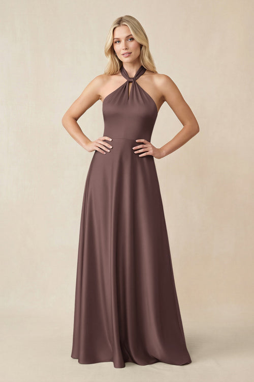 Halter Neck Satin A - Line Bridesmaid Gown with Bow in Espresso - KISS BRIDAL Bridesmaid Dresses