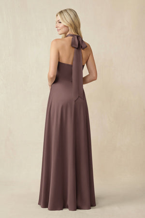 Halter Neck Satin A - Line Bridesmaid Gown with Bow in Espresso - KISS BRIDAL Bridesmaid Dresses