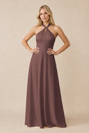 Halter Neck Satin A-Line Bridesmaid Gown with Bow in Espresso | KISSBRIDAL