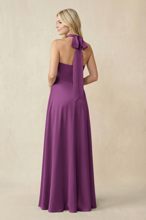 Halter Neck Satin A - Line Bridesmaid Gown with Bow in Fig - SHE IS ME Bridesmaid Dresses